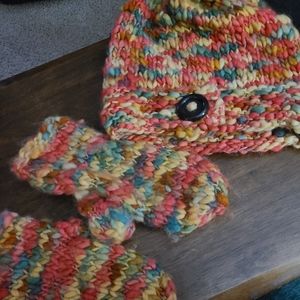 Set of Hand-knit hat and matching mittens